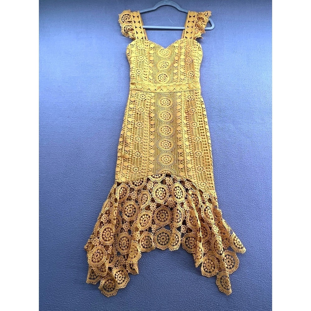 Two sisters The Label Dress Womens XS Yellow Lace Midi High Low Party